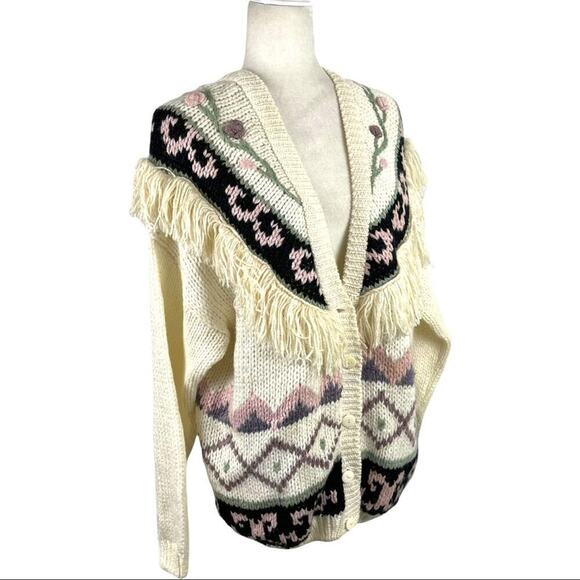 VTG Maggie Lawrence Fringed Knit Cardigan Women’s 80s Floral Pattern Size 18/20 - Picture 2 of 15